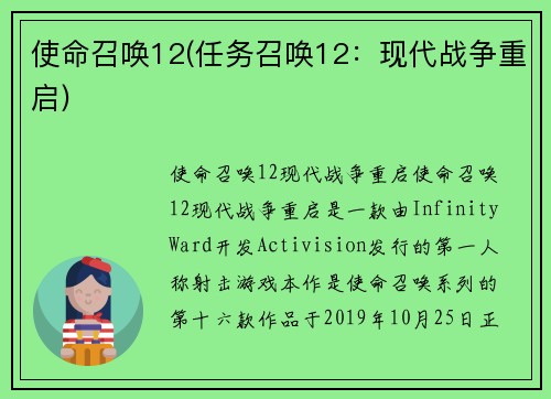 使命召唤12(任务召唤12：现代战争重启)